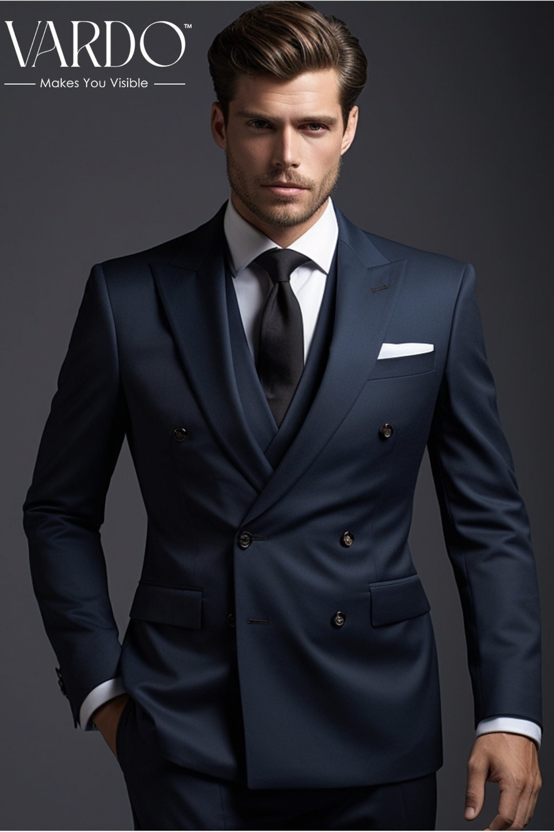 Dark Blue Double Breasted Three Piece Suit for Mentailored Fit, With