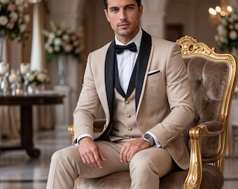 Men's Champagne Beige Tuxedo Suit with Black Shawl Lapel