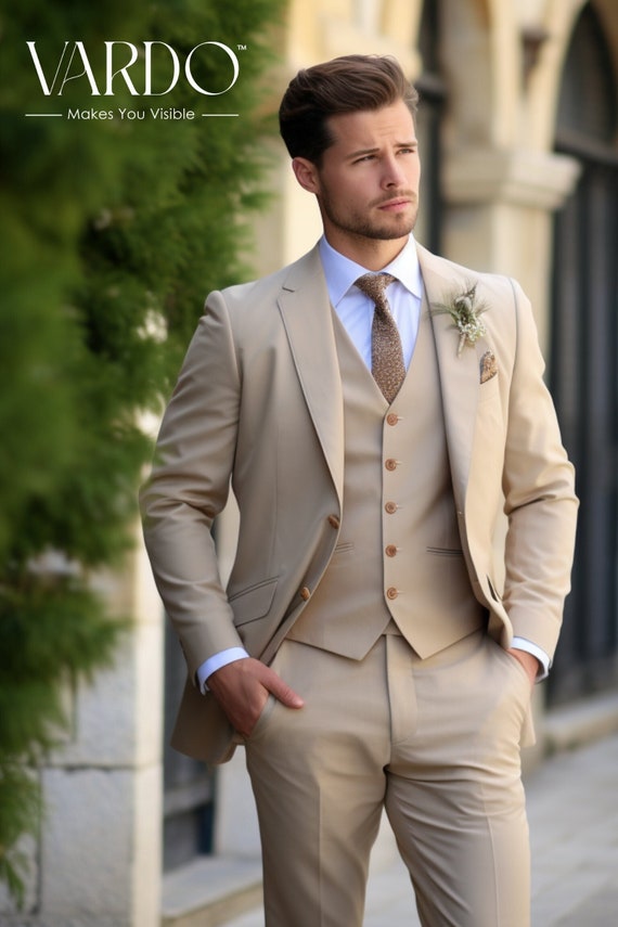 Beige Three Piece Tuxedo Wedding Suits for Men Bespoke Wedding