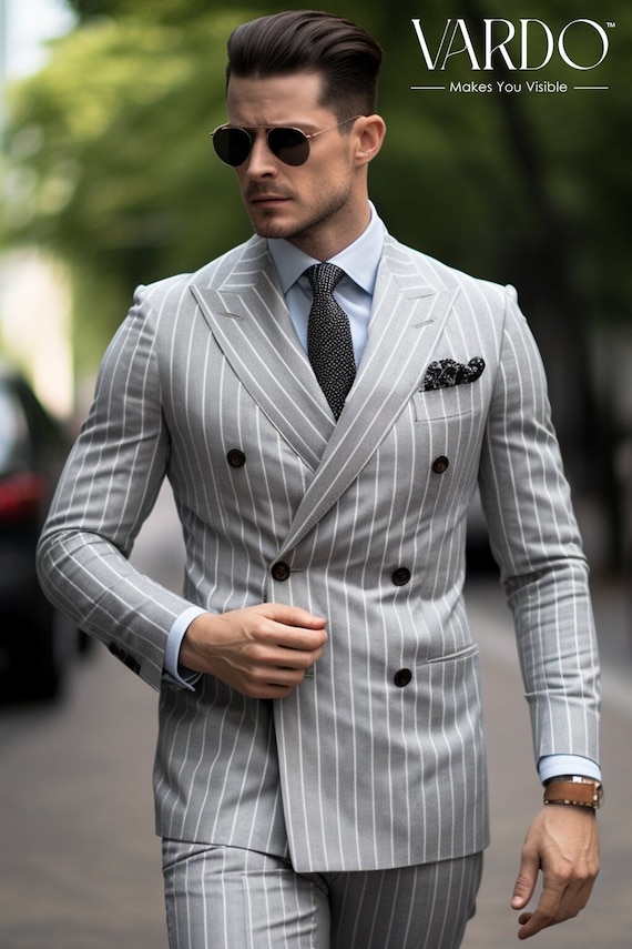 Flora Gardens Slim Fit Light Grey Pinstripe Three Piece Men's Suit With  Peak Lapels | MrGuild