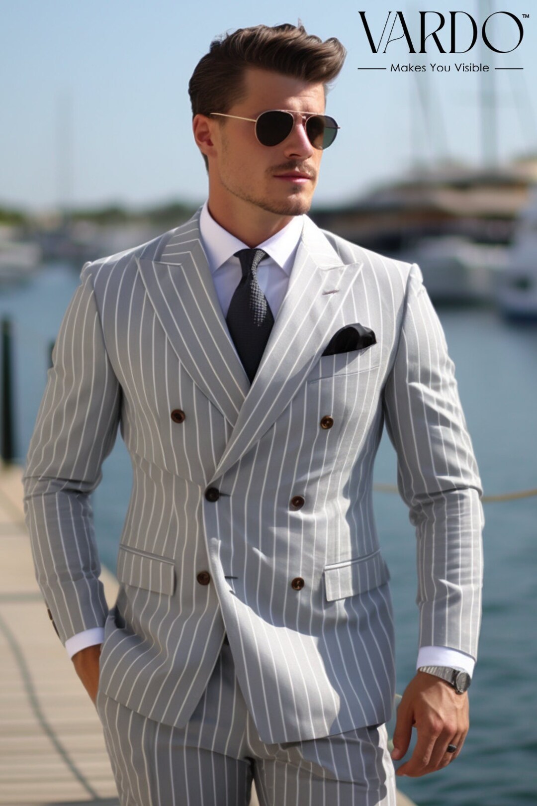 Special Occasion Men's Light Grey Stripe Double Breasted Suit