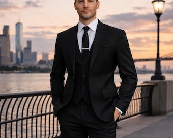 Men’s Black Three Piece Suit – Luxury Tailored Wedding, Formal & Evening Suit