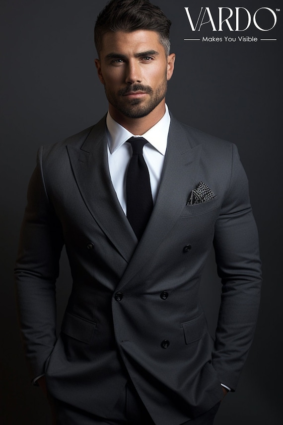 Men's Dark Grey Double-breasted Suit – Classic Tailored Ensemble