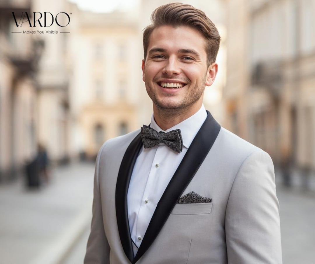 メンズ ライトグレー サテン ラペル タキシード – モダン スリム