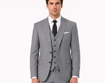 Men's Light Gray Three-Piece Suit with Notch Lapel Tailored Fit