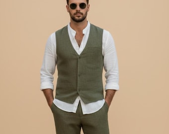Olive Green Linen Vest Pant Set for Men – Slim Fit Summer Waistcoat Trousers Outfit