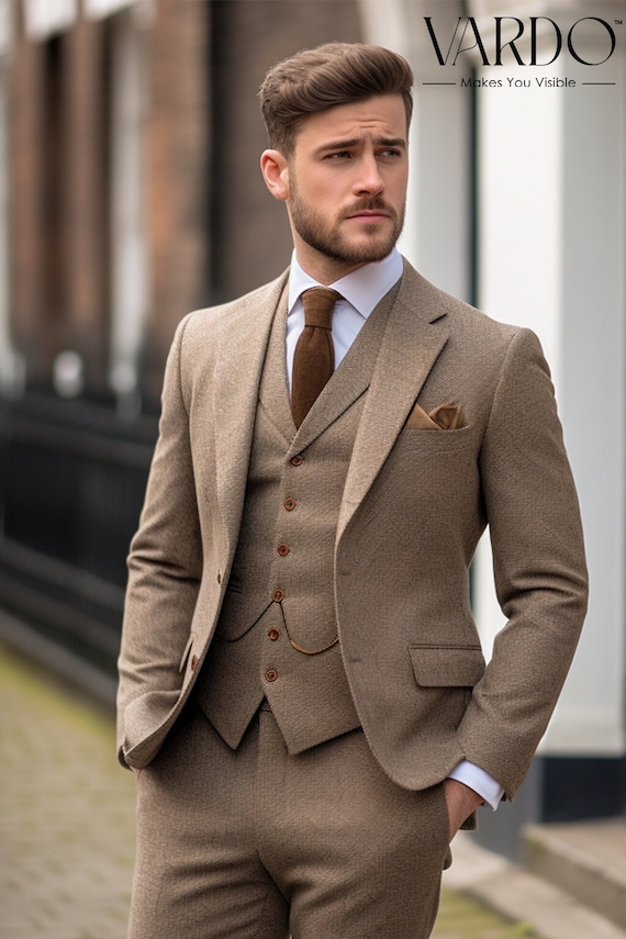 Elegant Men's Light Brown Tweed Three-piece Suit Tailored Suit the