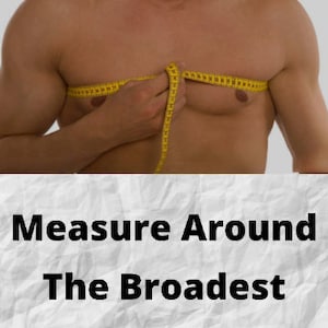 May include: A man is measuring the broadest part of his chest with a yellow measuring tape.  Measure Around The Broadest Part Of Chest.