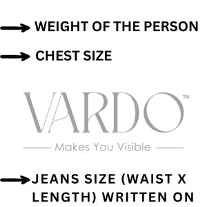 May include: A black and white image with a white arrow pointing to the right and the text "MINIMUM - REQUIREMENTS" in black. Below the text are four more white arrows pointing to the right with the following text in black: "HEIGHT OF THE PERSON", "WEIGHT OF THE PERSON", "CHEST SIZE", and "JEANS SIZE (WAIST X LENGTH) WRITTEN ON BRAND LABEL OF YOUR EXISTING JEANS OR PANTS."