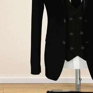 May include: A black suit jacket with a double-breasted closure and a matching vest. The jacket has a long sleeve and a lapel collar.