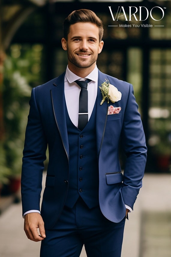 Four-piece Dobby Jaquard Tuxedo Suit in Blue - The HUB