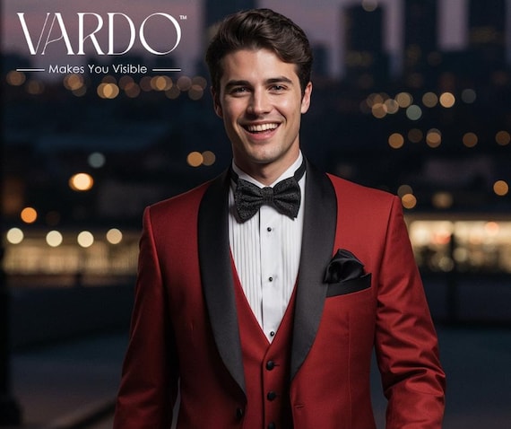 green emerald velvet dress Zapaka Black Red Shawl Lapel One Button Men's Prom Suits with Butterfly, Black Red / 2XL