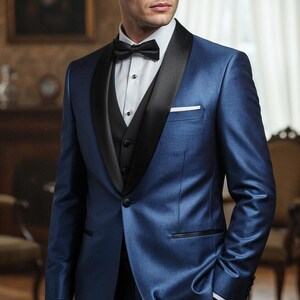 Men’s Royal Blue 3-Piece Tuxedo Suit with Black Satin Lapel – Formal Wedding Wear image 3