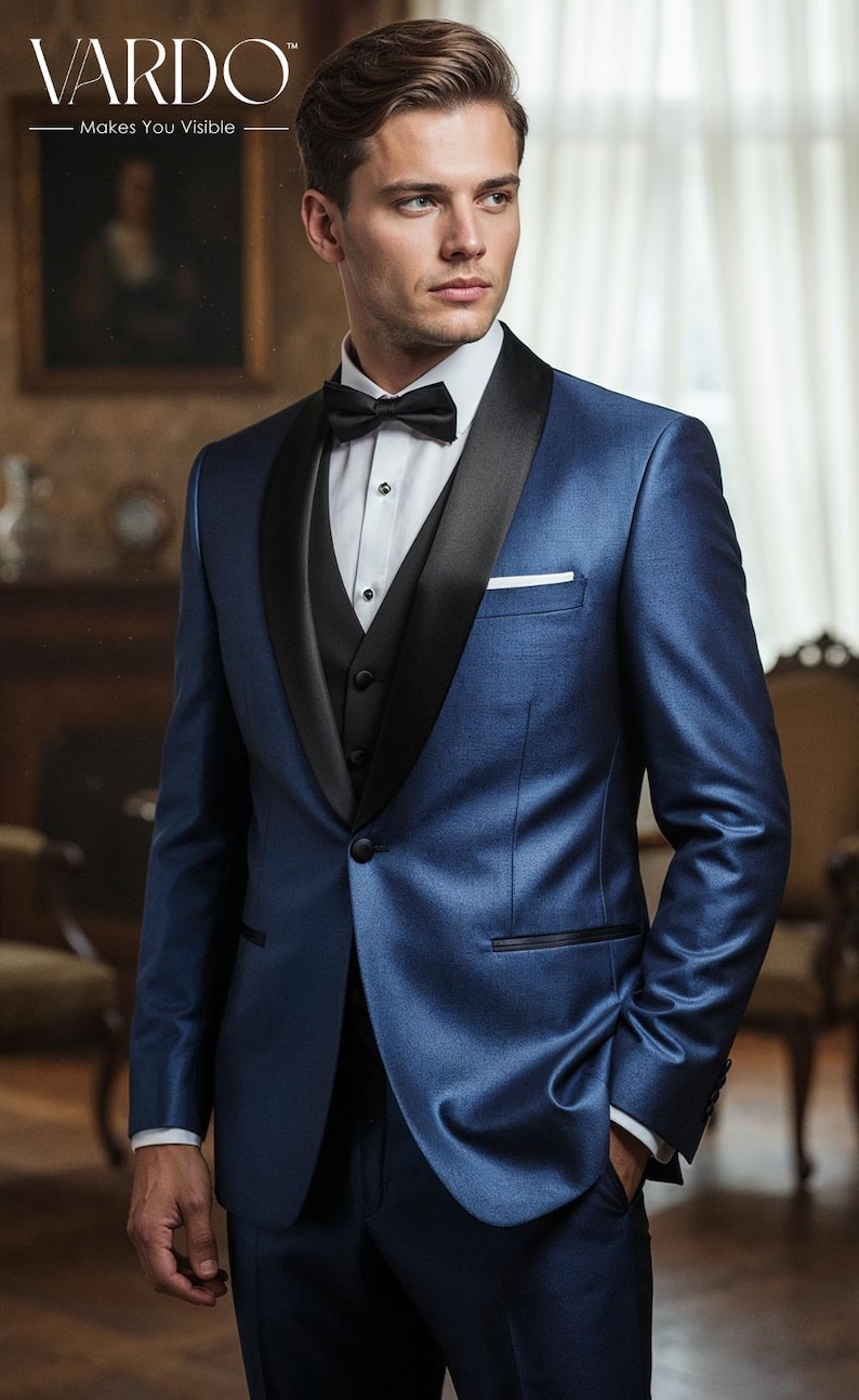 Men’s Royal Blue 3-Piece Tuxedo Suit with Black Satin Lapel – Formal Wedding Wear image 3