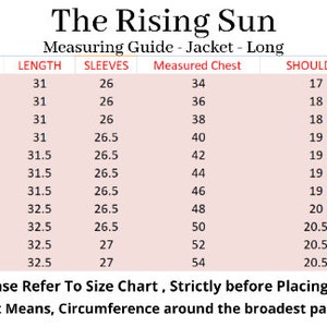 May include: A size chart for a long jacket, showing measurements for size, height, length, sleeves, measured chest, shoulder, and neck. The chart is in inches.