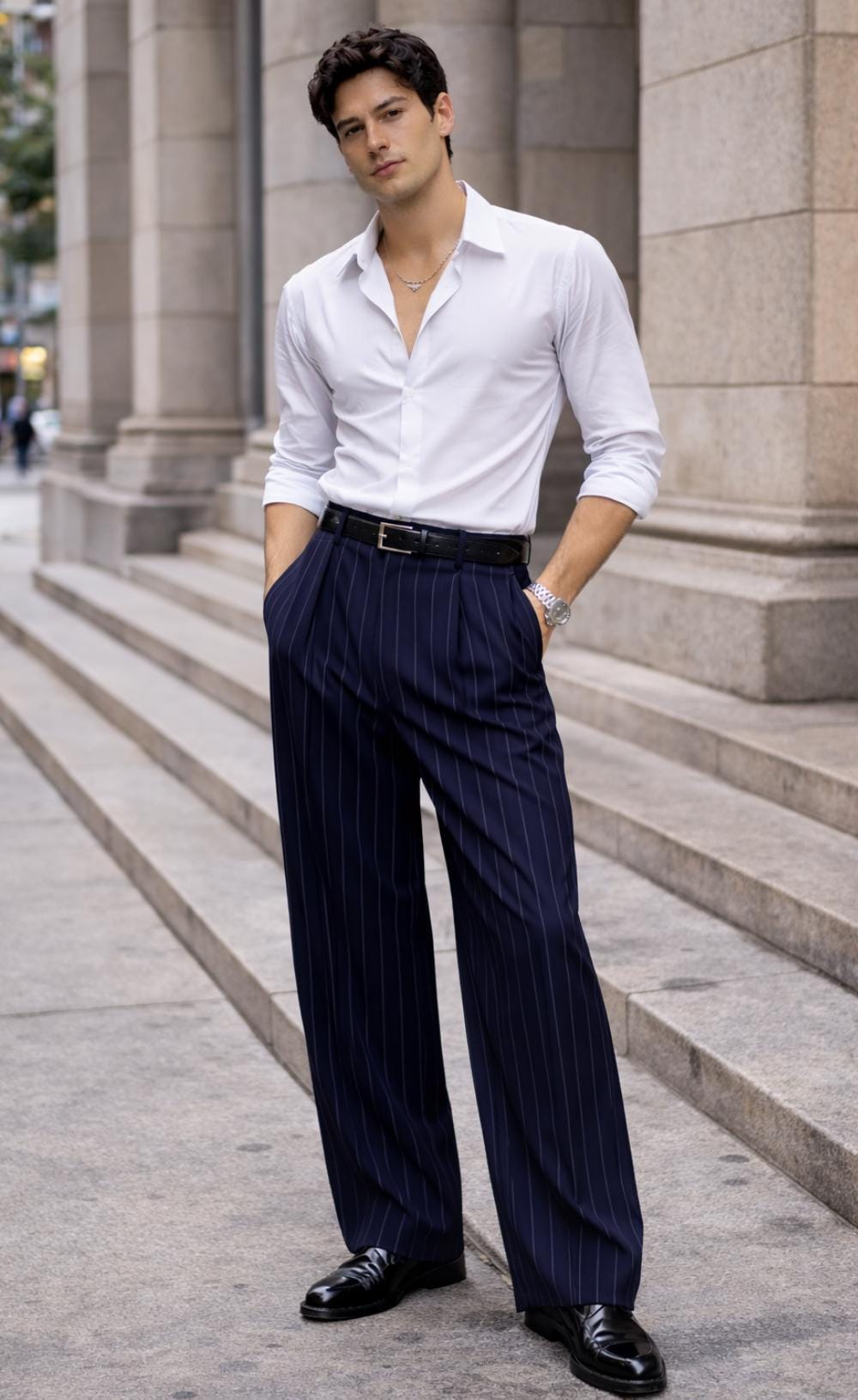 Navy Pinstripe Pleated Dress Pants – High Waisted Wide Leg