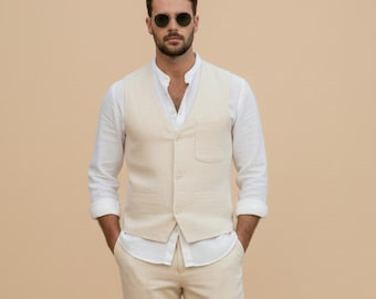 Ivory Linen Vest and Pant Set for Men – Slim Fit Waistcoat Trousers Summer Outfit