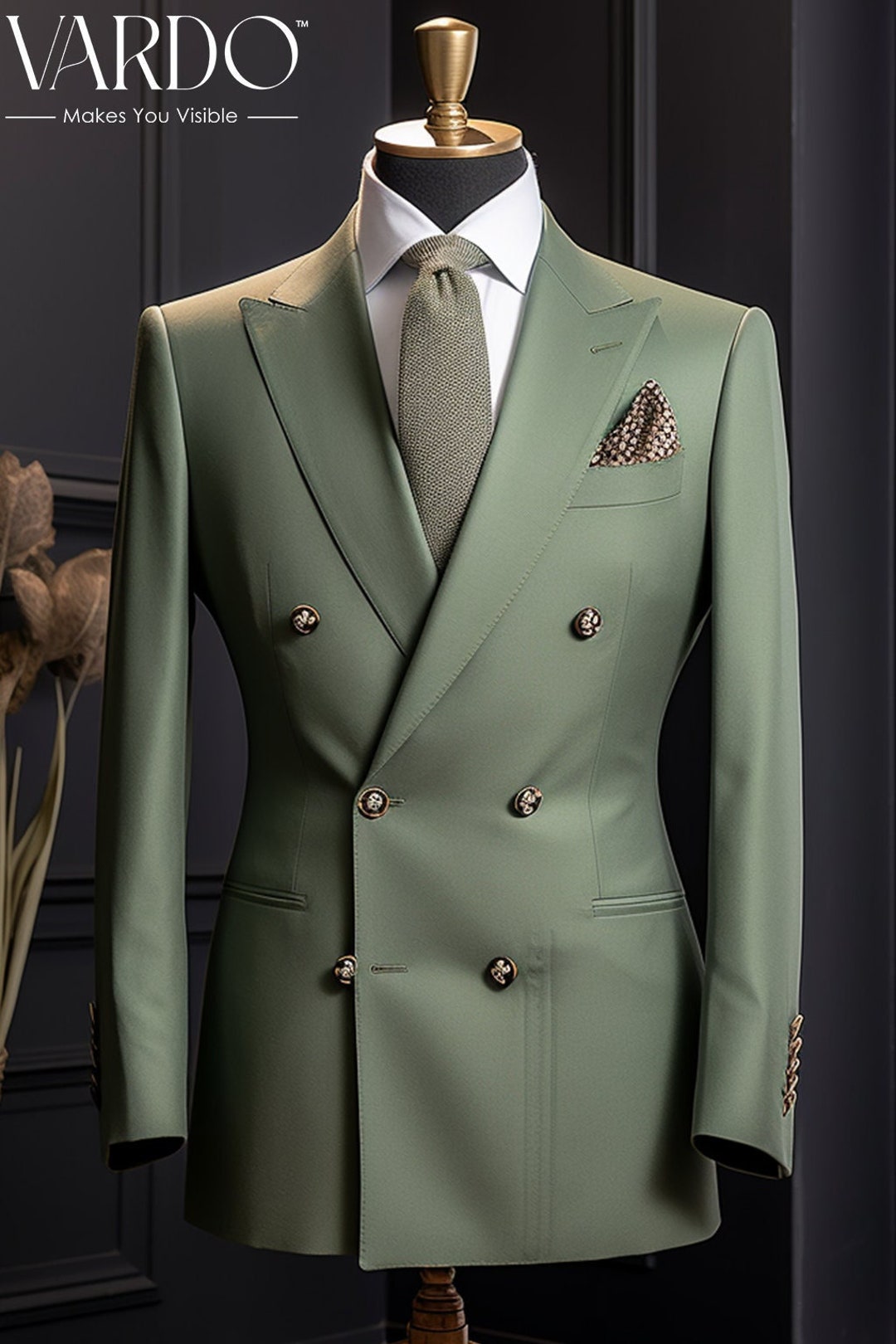 Sophisticated Sage Green Double Breasted Suit for Men Elegant