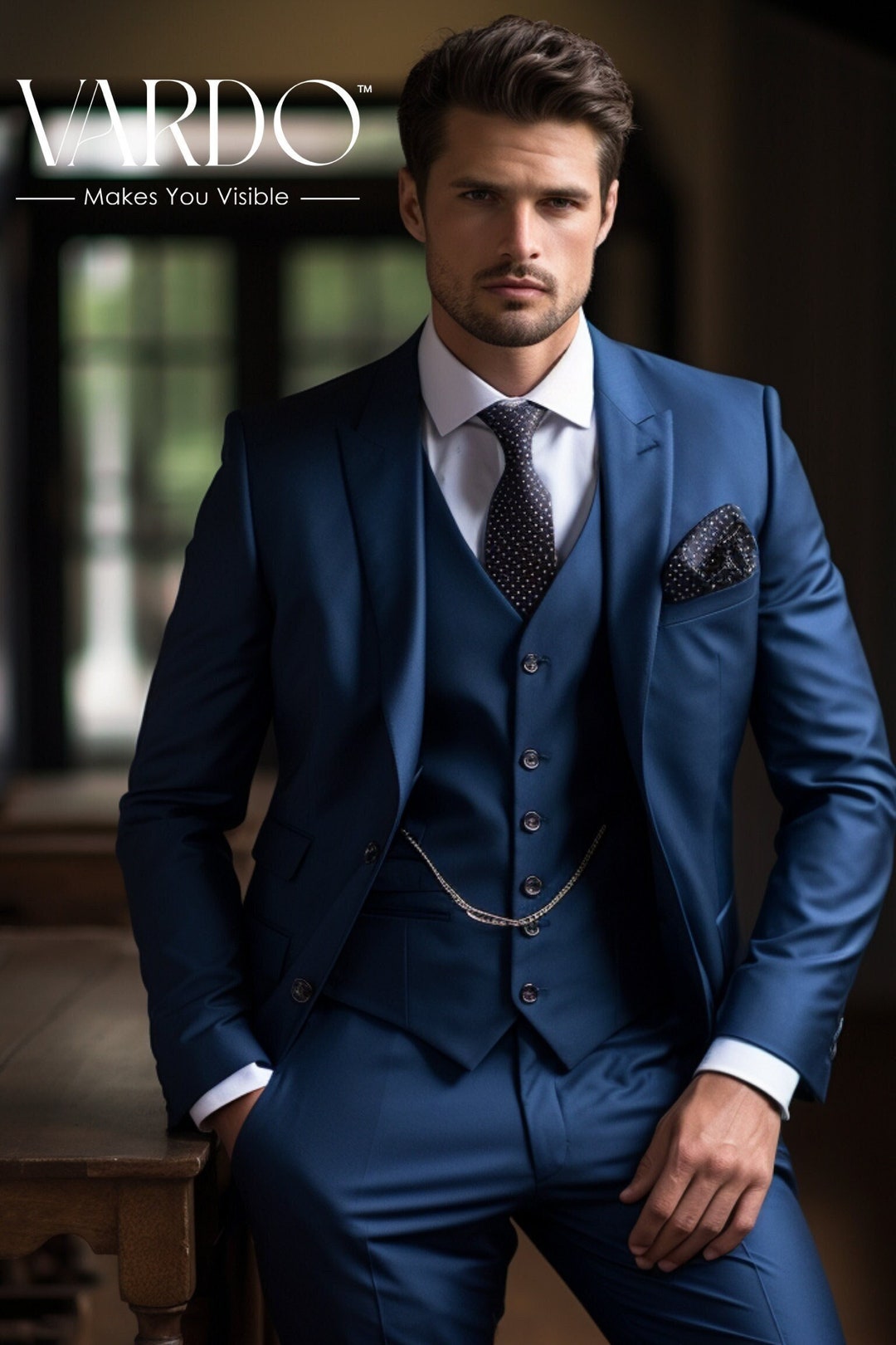Men's Tailored Navy Blue 3piece Suit Essential Business and Formal