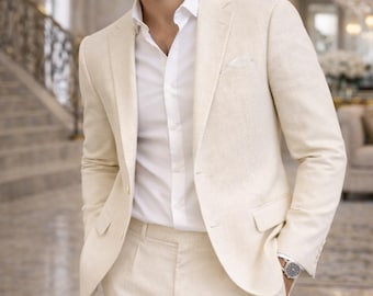 Ivory Linen Suit for Men – Slim Fit Blazer and Trousers Summer Formal Set