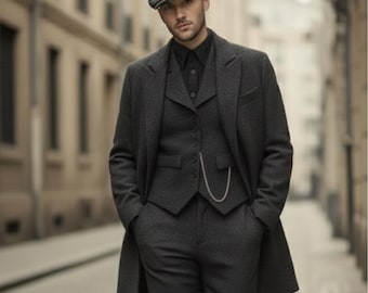 Abrigo largo de tweed de lana gris para hombre: abrigo vintage de invierno para uso formal e informal.