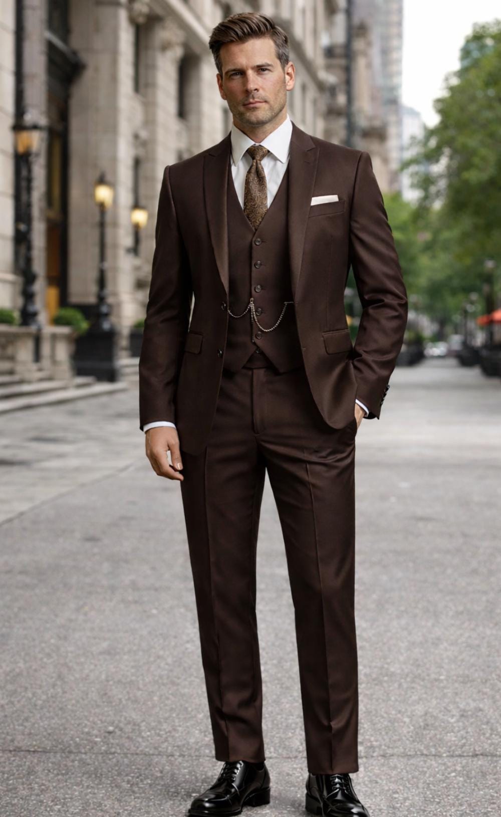メンズ ダークブラウン 3ピーススーツ – スリムフィット 結婚式