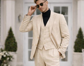 Beige Linen Three Piece Suit for Men – Relaxed Fit Blazer Vest and Trousers Set