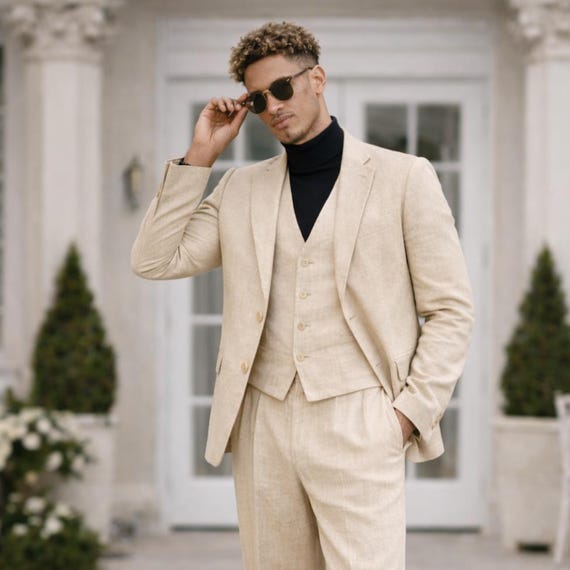 mens beige dress coat Linen Three Piece Suit for Men festivalcollection front closure Plus Size Black Sequin Size:3XL-46