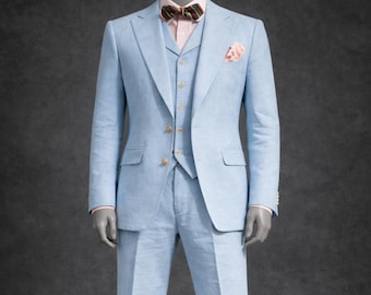 1930s Sky Blue Linen Three Piece Suit for Men – Vintage Style Formal Set