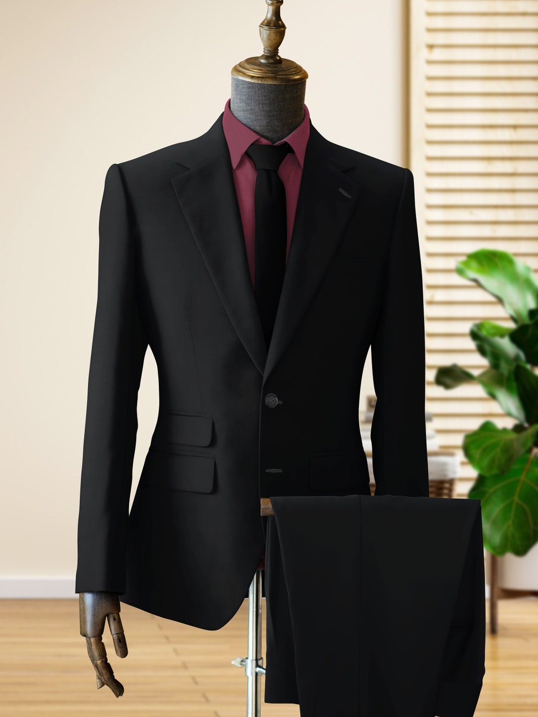 Traje Elegante Hombres Vestidos De Negro Traje Negro Ajustado Para