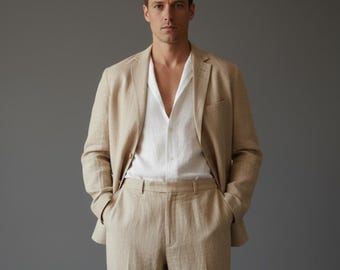 Beige linnen 2-delig pak voor heren – slim-fit zomerblazer- en broekset