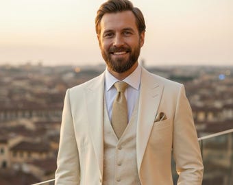 Men’s Cream 3-Piece Tuxedo Suit for Weddings & Formal Events