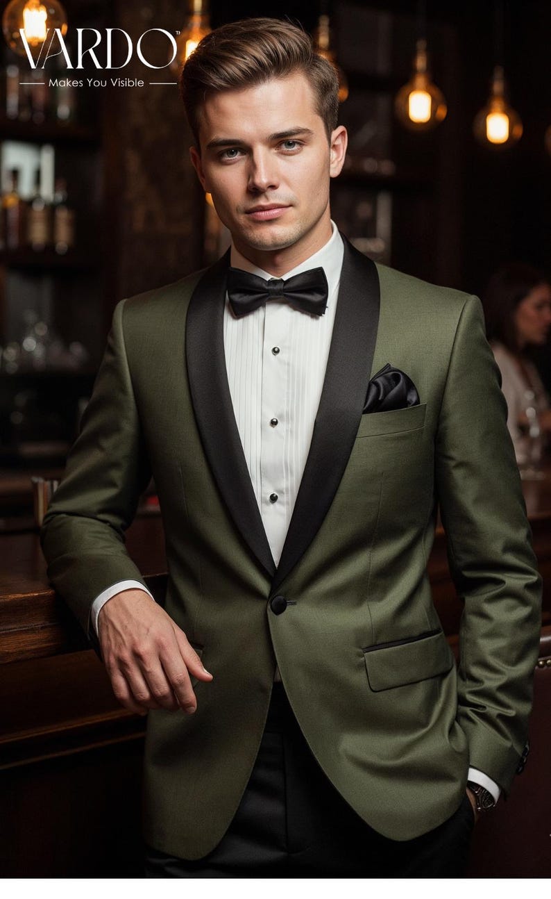 olive green tuxedo, mens tuxedo suit, wedding tuxedo men, dinner jacket men, slim fit tuxedo, groom tuxedo suit, black tie attire, luxury menswear, formal suit men, olive green blazer, elegant tuxedo men, designer mens suit, evening wedding suit