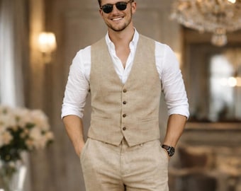 Beige Linen Vest and Pant Set for Men – Slim Fit Waistcoat Trousers Summer Wear