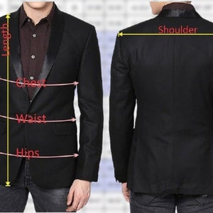 May include: A black blazer with a satin lapel. The blazer has measurements for length, chest, waist, hips, and shoulder.