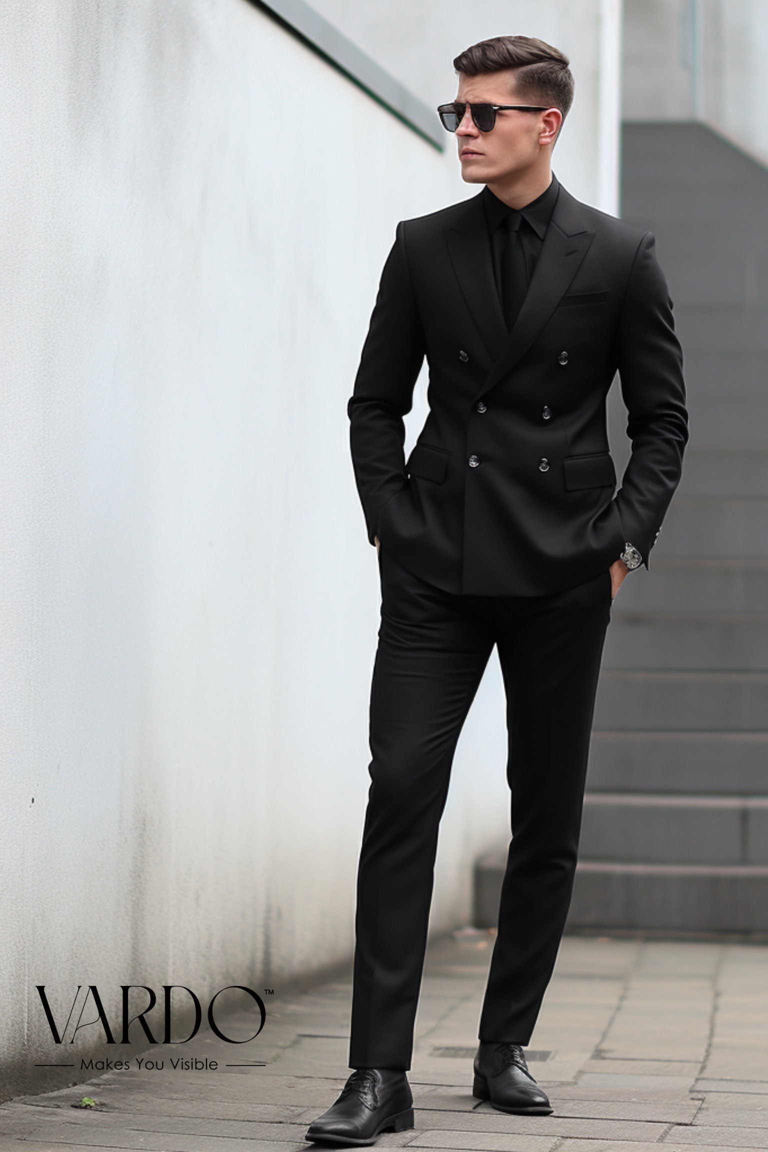 Men's Black Double-breasted Suit Sophisticated Tailored Fit Modern