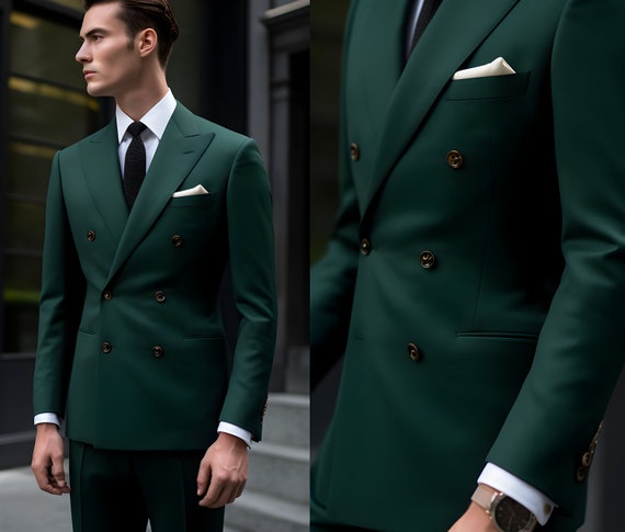 Handmade Dark Green Double Breasted Suit for Men Slim Fit, Custom