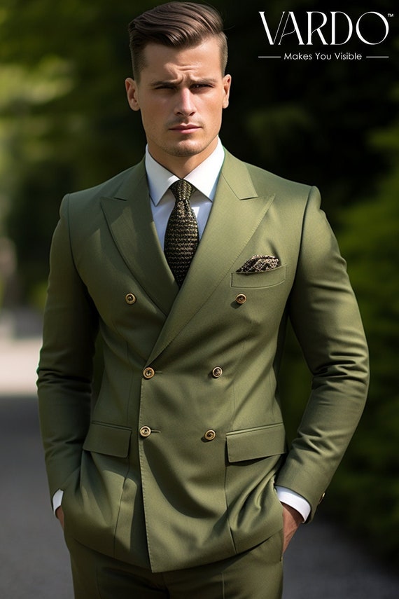 Stylish Men's Khaki Green Double Breasted Suit Premium Quality