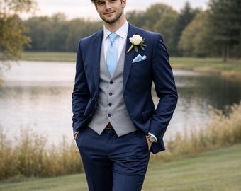 Navy Blue Wedding Suit – Slim Fit 3 Piece Groom Suit with Gray Vest