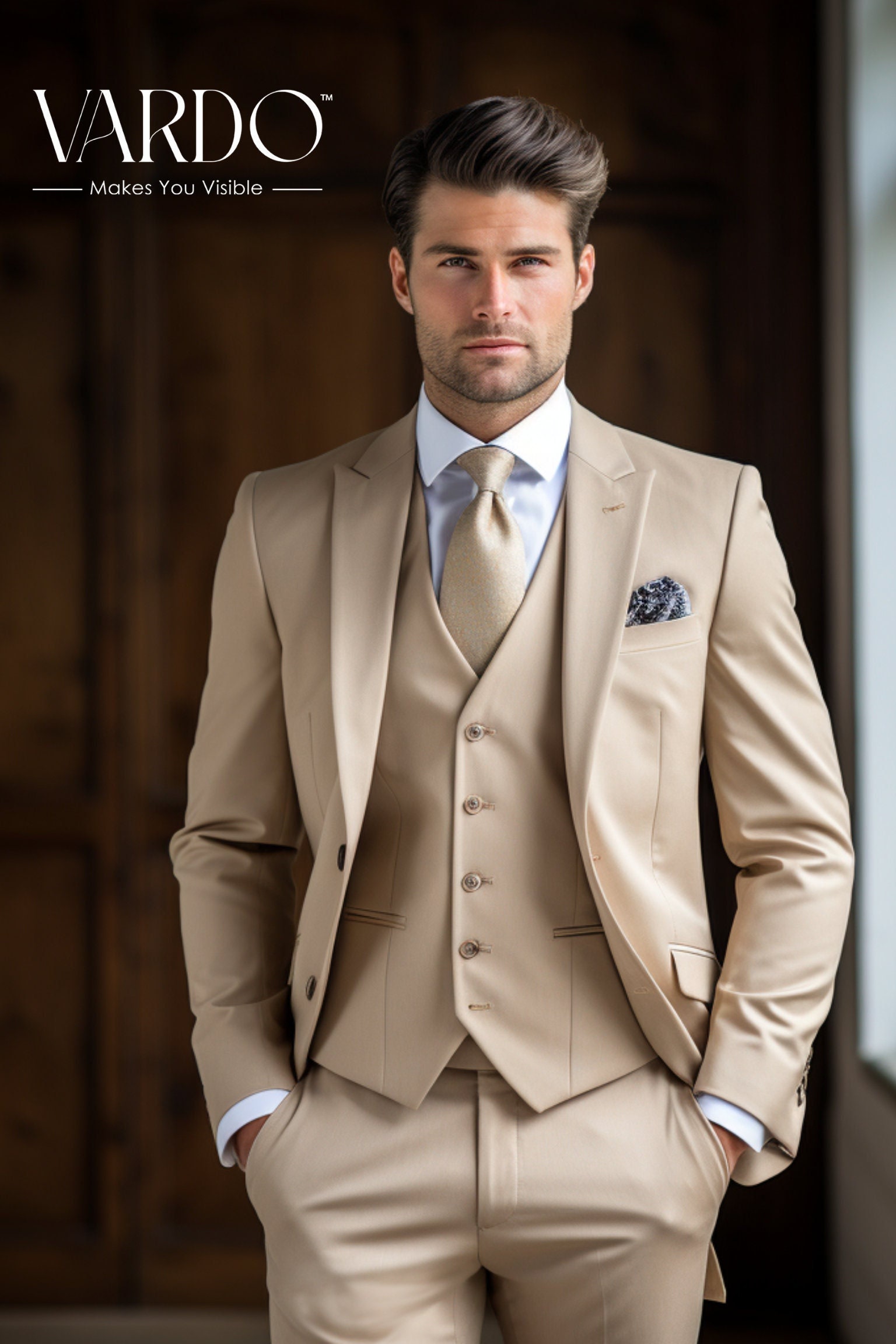 Men's Beige Three-piece Suit Classic Tailored Fit Essential