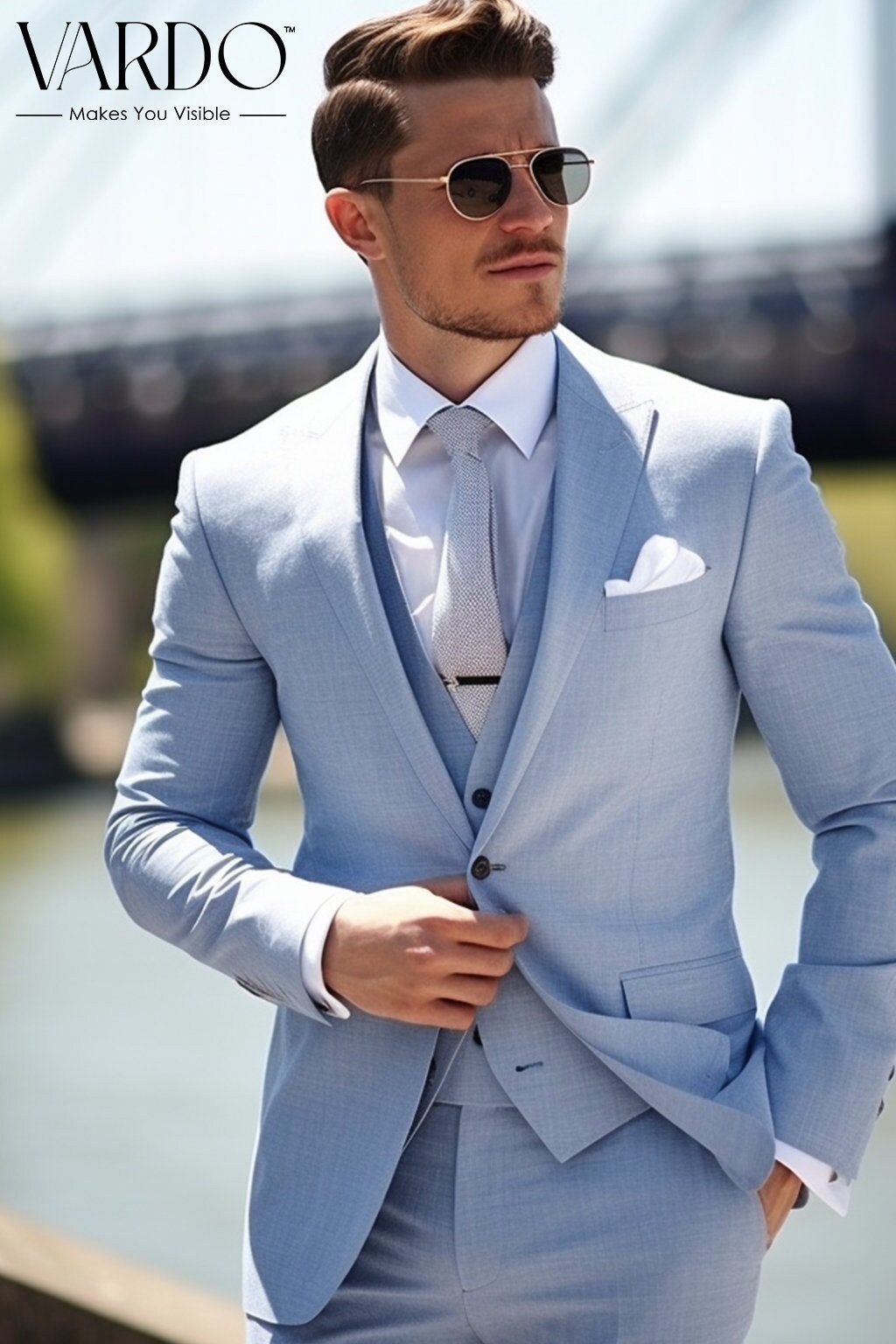 Sky Blue Linen Suit: Men's Three-Piece Custom Tailored Formal Wear