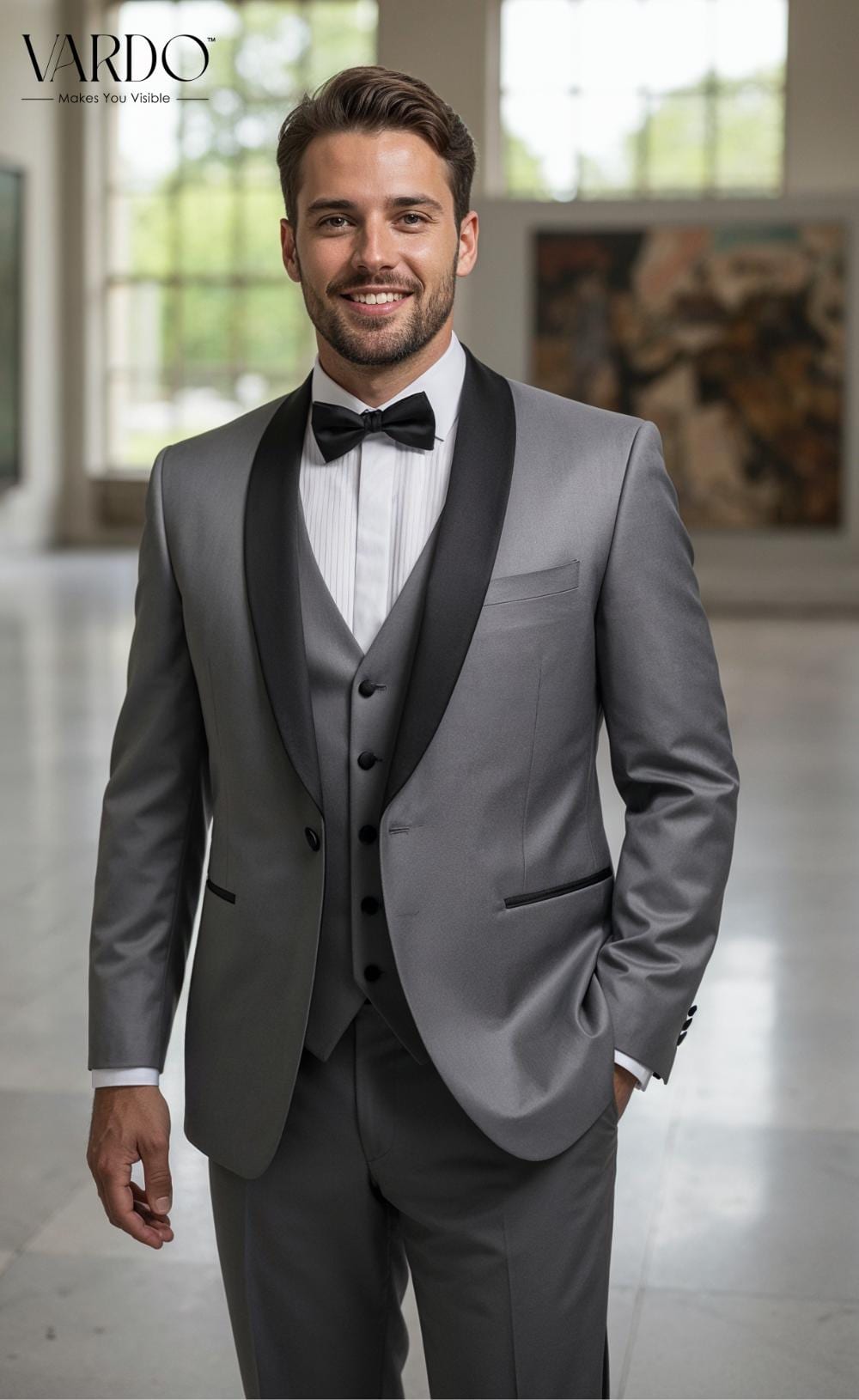 メンズグレータキシードスーツ｜ブラックショールラペル、ウェディング