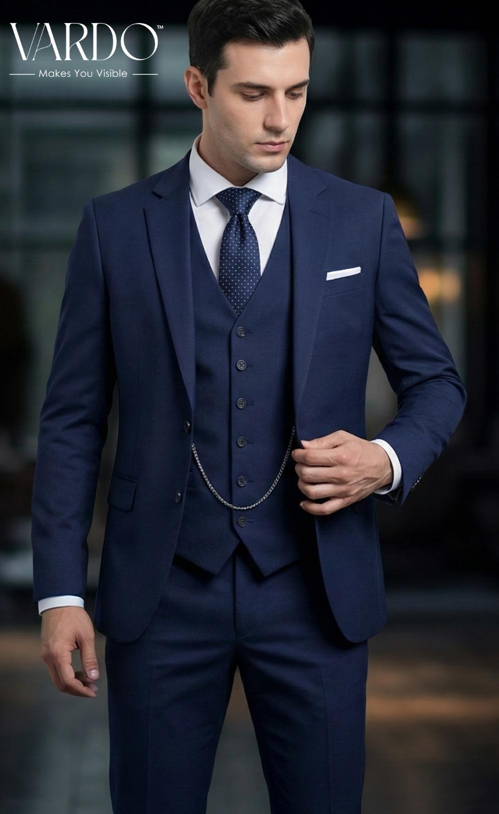 メンズ ネイビーブルー 3ピーススーツ – スリムフィット 結婚式