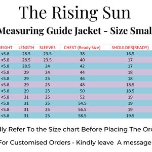 May include: A size chart for a jacket, showing measurements for chest, shoulder, neck, height, length, and sleeves in inches. The chart is labeled "The Rising Sun Measuring Guide Jacket - Size Small".