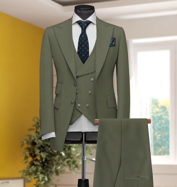 Men Suits, Suits for Men Olive Green Three Piece Wedding Suit