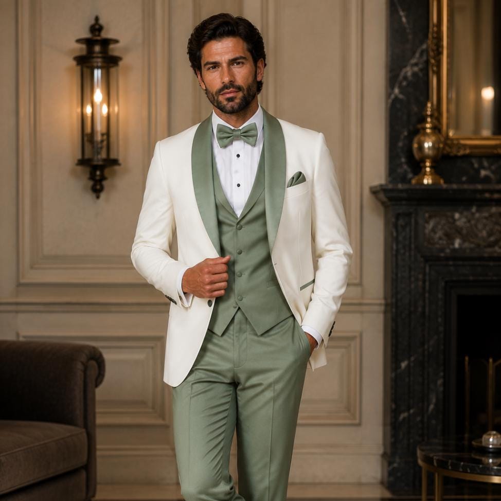 Ivory & Sage Green Men's Tuxedo Suit - Slim Fit 3 Piece Groom Wedding Suit