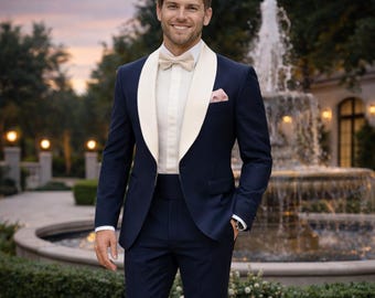 Traje de esmoquin azul marino con solapa chal y solapa en contraste para hombre