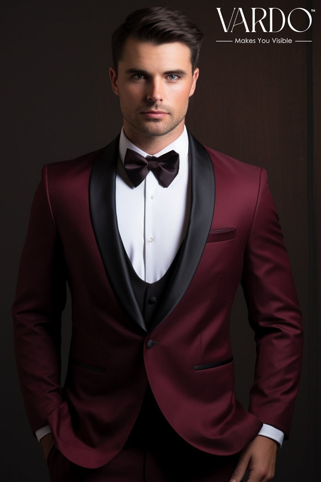 Men'S 3 Piece Fashion Suit With 2 Tone Lapel Burgundy ~ Maroon Suit ~ Wine Color - Three Piece Suit main image 0