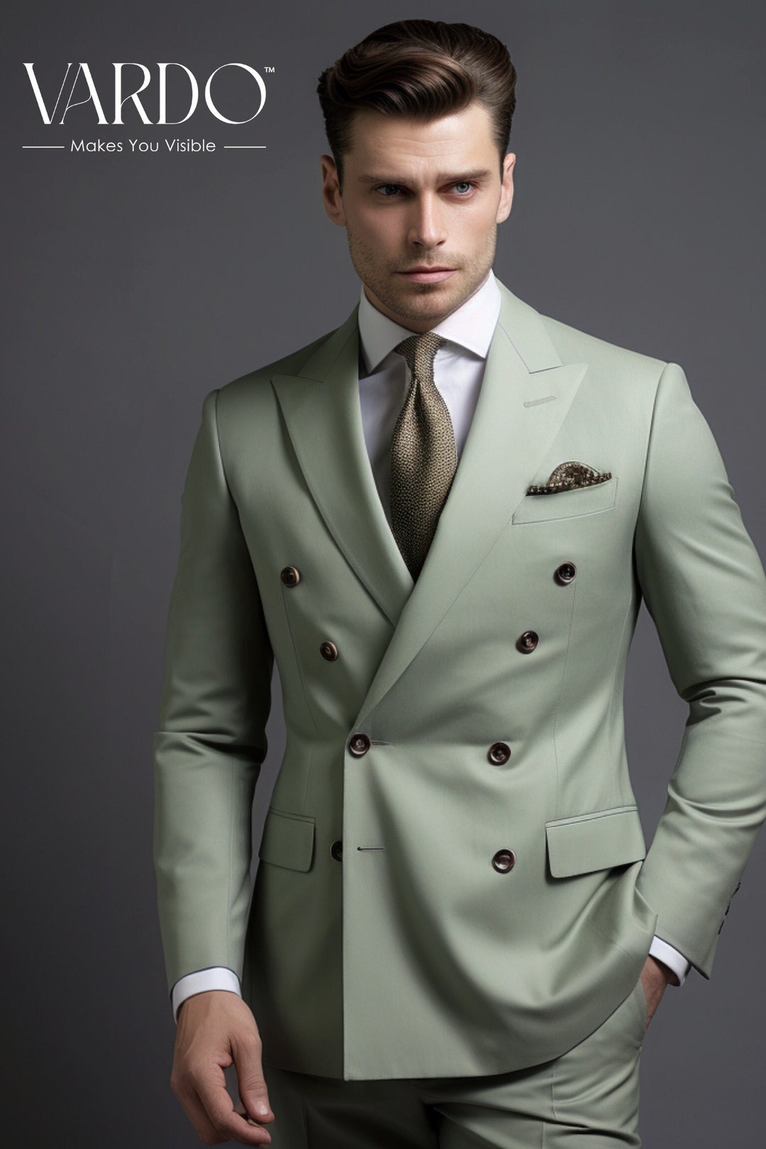 Men's Sage Green Double-breasted Suit - Distinctive Formal