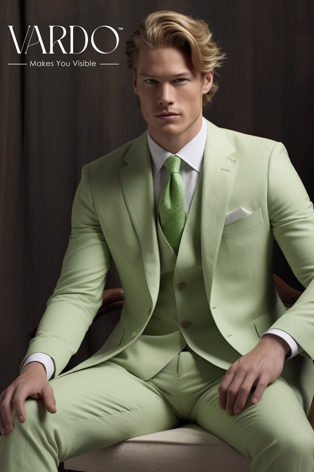 Men's Mint Green Notch Lapel 3piece Suit Sleek Tailored Fit for